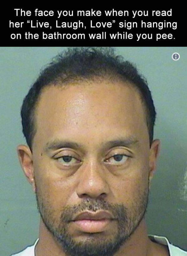tiger woods arrest - The face you make when you read her "Live, Laugh, Love" sign hanging on the bathroom wall while you pee.