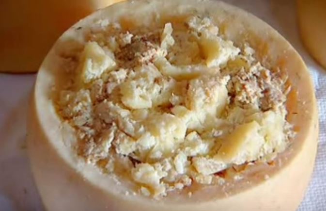 Casu marzu, a Sardinian cheese, contains live maggots which can jump up to six inches. Squeamish consumers sometimes put the cheese in a sealed bag. Starved for oxygen, the maggots jump around creating �pitter-patter� sounds; once the sounds stop, the maggots are dead and the cheese is eaten.