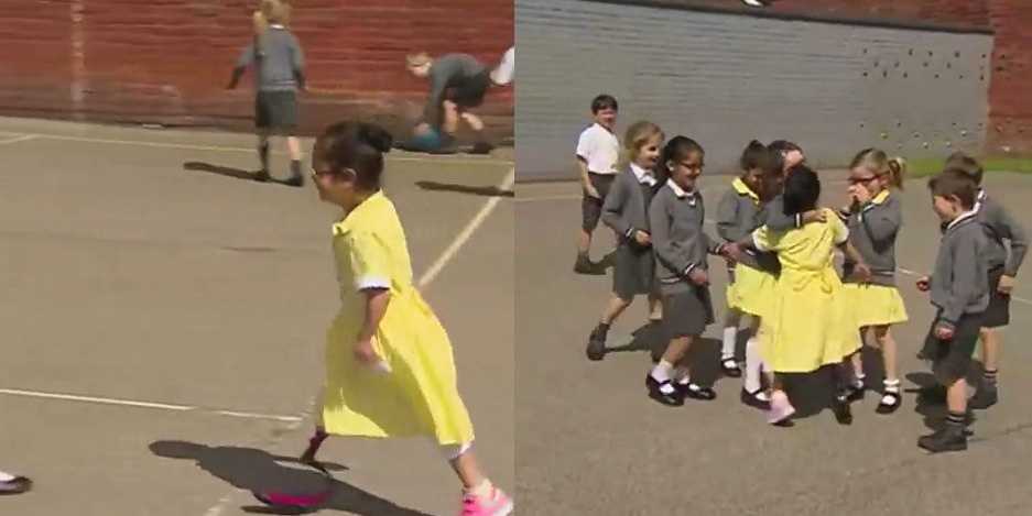 A girl came back to school after she got a new prosthetic leg.
Although she must have been nervous showing her new leg at school, her group of friends happily welcomed her back.