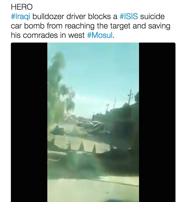 An ISIS suicide car bomb was locked on its target.
An Iraqi bulldozer blocked the car bomb just in time and wound up saving many of his comrades.