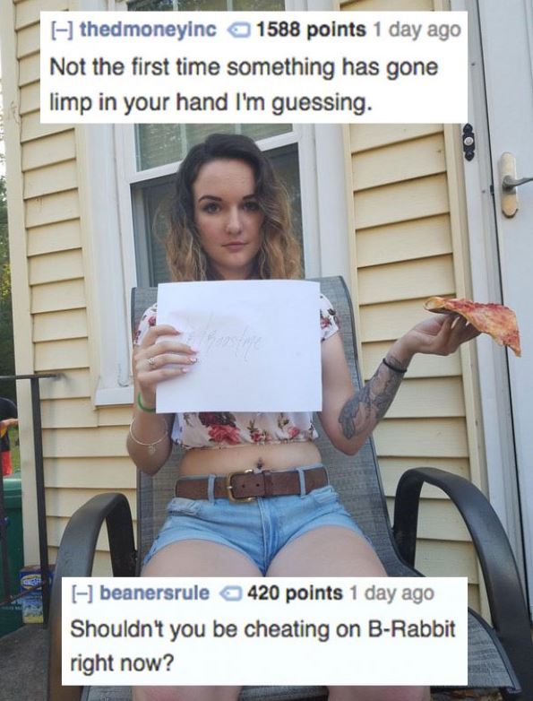 Roast of girl holding a limp slice of pizza in her hand.
