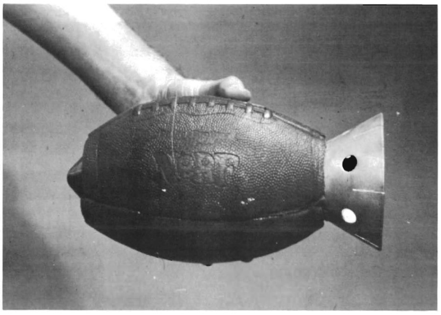 U.S. Army prototype anti-armor hand grenade from 1973 – a shaped charge, packed in a hollowed-out NERF football