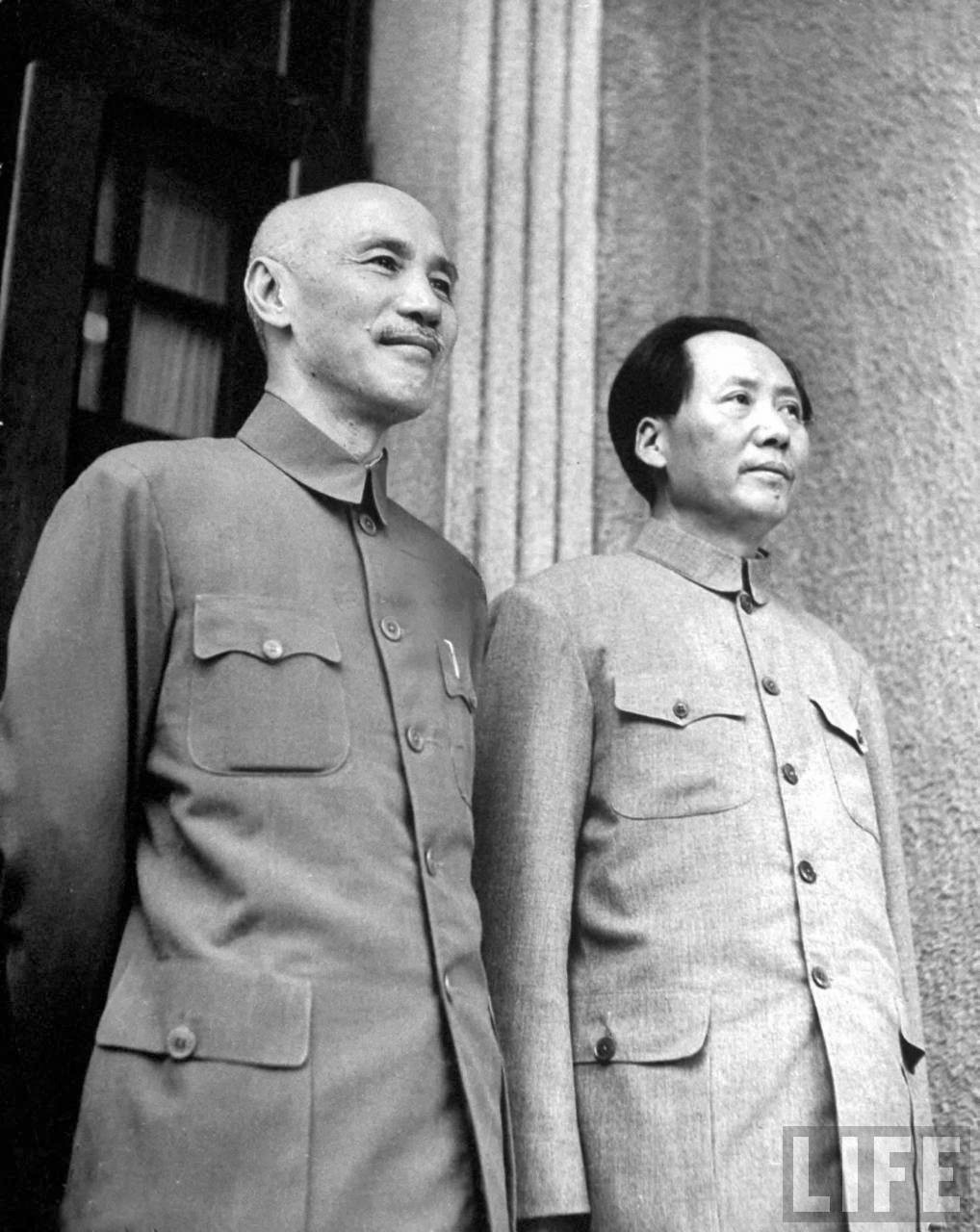 The leader of the Republic of China General Chiang Kai-shek standing next to the leader of the Chinese Communist Party Mao Zedong, 1945. Taken shortly after the end of WW2 during negotiations in Chongqing