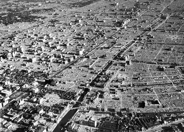 Aerail view of residential district in Tokyo after firebombing, September 10, 1945