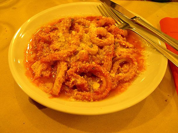 Tripe.
For a second there, I thought this was a bowl of pasta. This is actually the inner lining of a cow's stomach. No matter how much parmesan you pour on it, it will always consist of a chewy consistency.