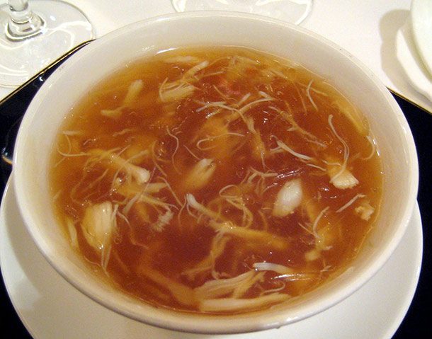 Sharkfin Soup.
The expensive soup is usually found at weddings, business banquets, and social events. As much as I fear sharks in the ocean, eating them in a stew really rubs me the wrong way.