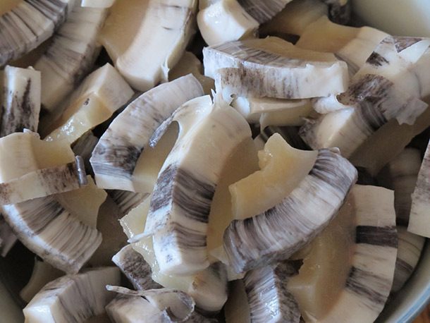 Muktuk.
Looks kind of a like a carved mushroom. Consumed in Alaska and Northern Canada, muktuk is actually whale skin and blubber. No need to cook, just add a little salt, and pretend you're eating a hard-boiled.