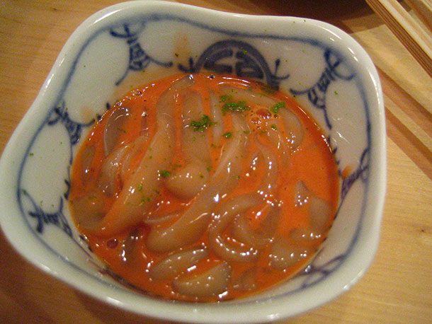 Shiokara.
The gag levels are starting to rise. Shiokara is a Japanese dish that even native Japanese struggle eating. The soup-like dish is filled with various marine animal meat (think squid, urchin) as well as sliced up fermented organs.