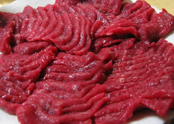 Basashi.
Here we have thinly slice horse meat. Those native to Japan enjoy this treat which leads me to wonder how fast it would take us to eat aliens if we ever were to discover them?