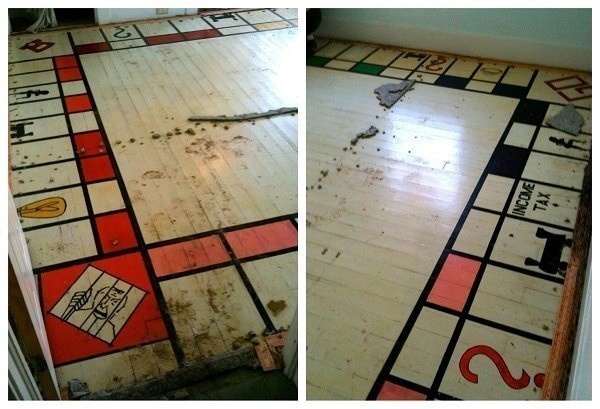 Some people are hardcore fans of Monopoly.
After pulling up old carpet these homeowners found a full-sized Monopoly floor. Wonder if the tokens were ever found.