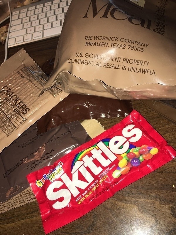 An old military ration pack was found in the basement of a house.
When opened, a bag of Skittles was inside.