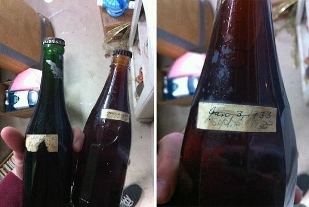 A 1933 farmhouse was getting remodelled when these were found.
This is bootlegged alcohol hidden under a workbench.