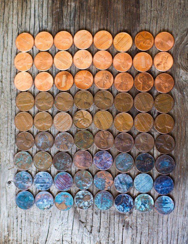 Pennies as they get less shiny over time.