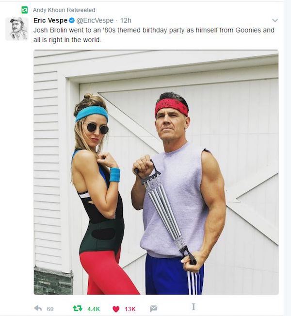 josh brolin goonies - 2 Andy Khouri Retweeted Eric Vespe 12h Josh Brolin went to an '80s themed birthday party as himself from Goonies and all is right in the world. 607 13K
