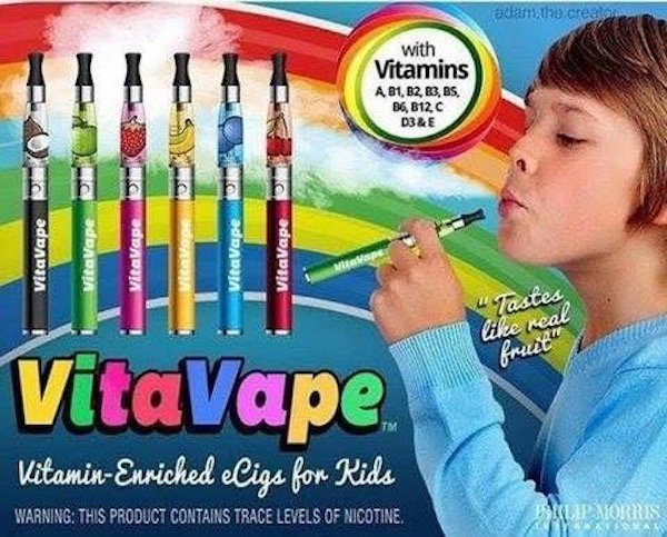 kids vape - adam the creato with Vitamins A B1, B2, B3, B5, B6, B12, C D3&E VitaVape 120 VitaVape VitaVape Miteit VitaVape VitaVape "Tastes VitaVape VitaminEnriched eligs for Rids Warning This Product Contains Trace Levels Of Nicotine. Vip Morris
