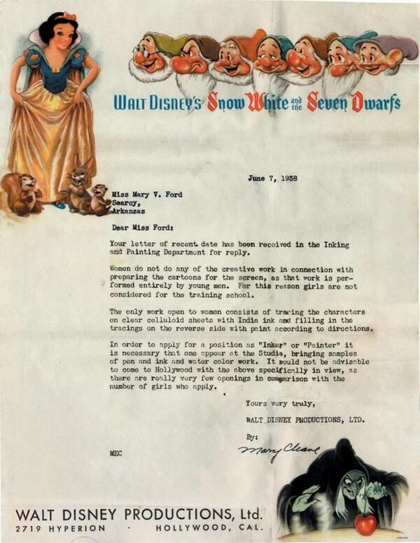 Disney rejection letter to woman who applied for job in 1930’s