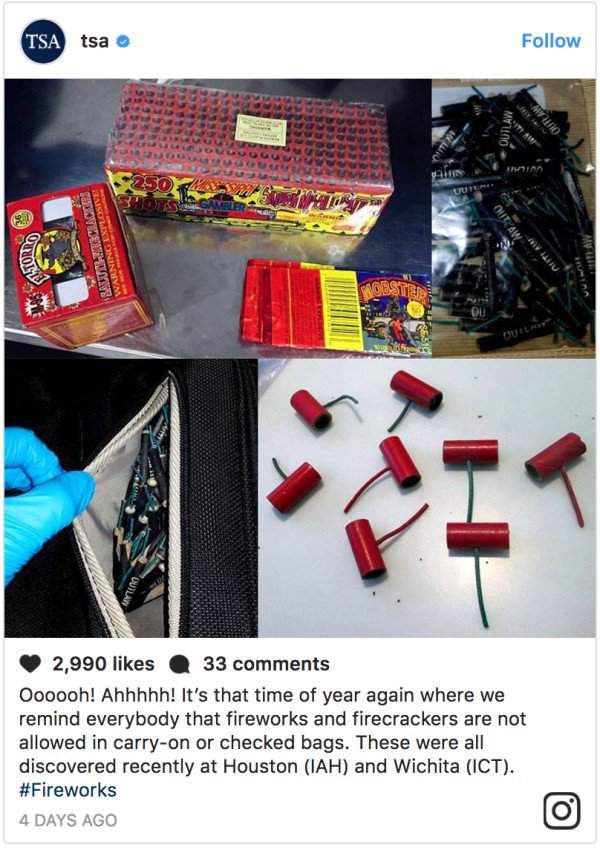 plastic - Tsa tsa Aaa Sol Vs Sxo 26 Salubon Cracias Warning Explosive Ox 2,990 33 Oooooh! Ahhhhh! It's that time of year again where we remind everybody that fireworks and firecrackers are not allowed in carryon or checked bags. These were all discovered 