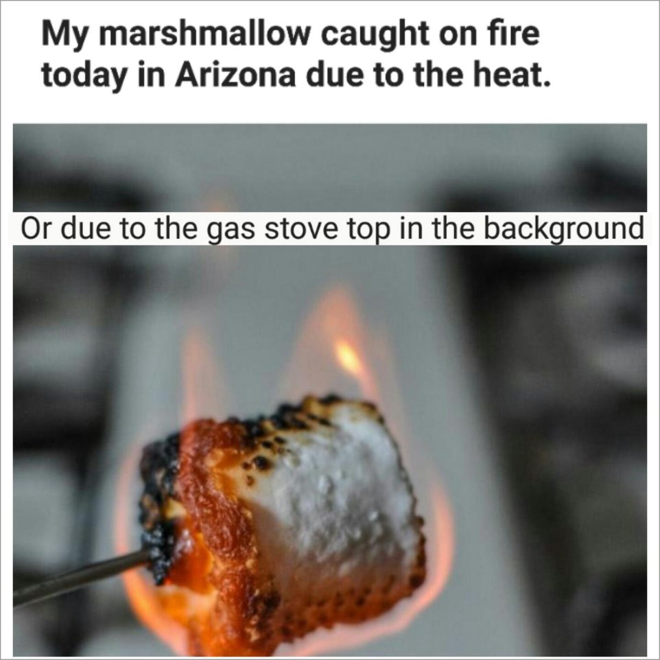 photo caption - My marshmallow caught on fire today in Arizona due to the heat. Or due to the gas stove top in the background