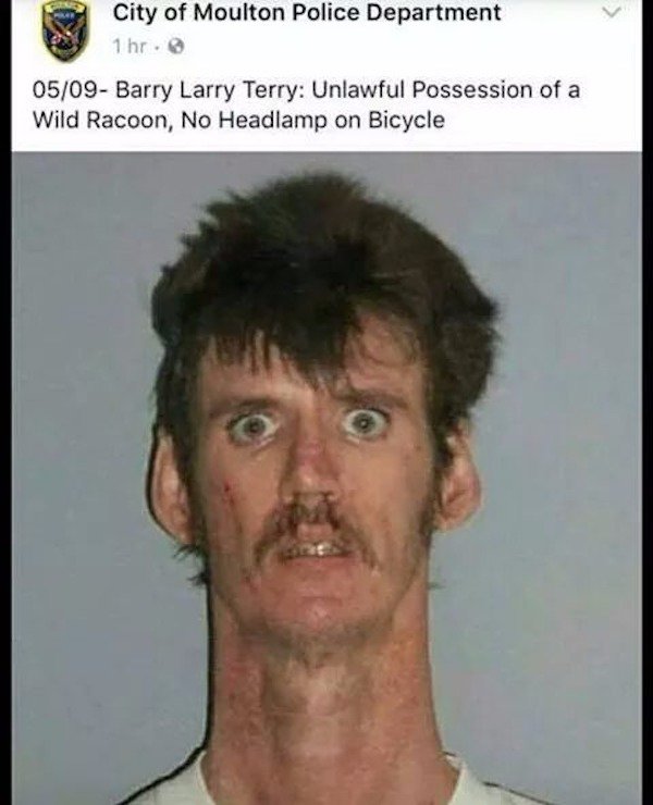 barry larry terry - City of Moulton Police Department 1 hr. 0509 Barry Larry Terry Unlawful Possession of a Wild Racoon, No Headlamp on Bicycle
