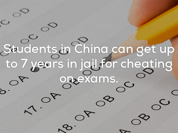 Fun fact about how students in China get jail time for cheating, up to seven years.