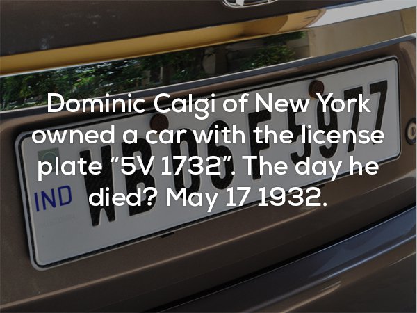 Fun fact about Dominic Calgi in New York had a car with license plate 5V 1732 and he died on May 17 1932