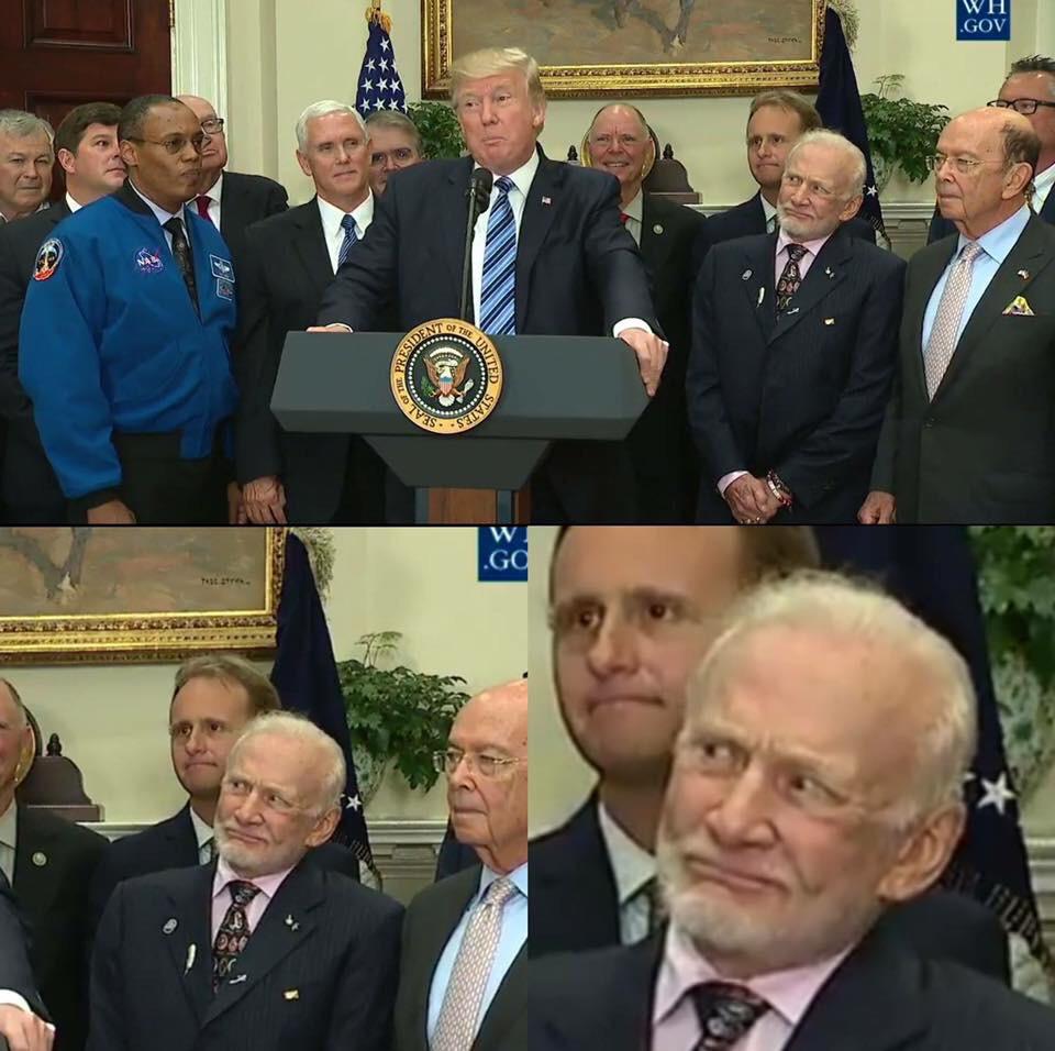 Buzz Aldrin reacting to Donald Trump talking about space.