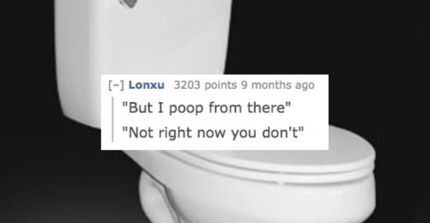 Picture of a toilet and comment about how poop in there not right now