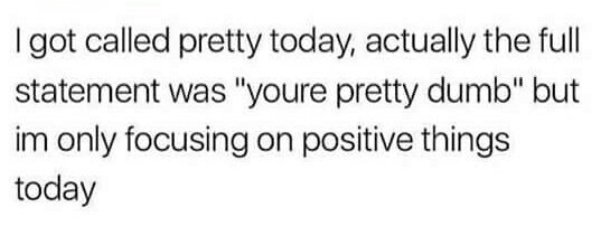 wholesome meme of someone who got called pretty dumb but looking to focus on the pretty word which was the positive