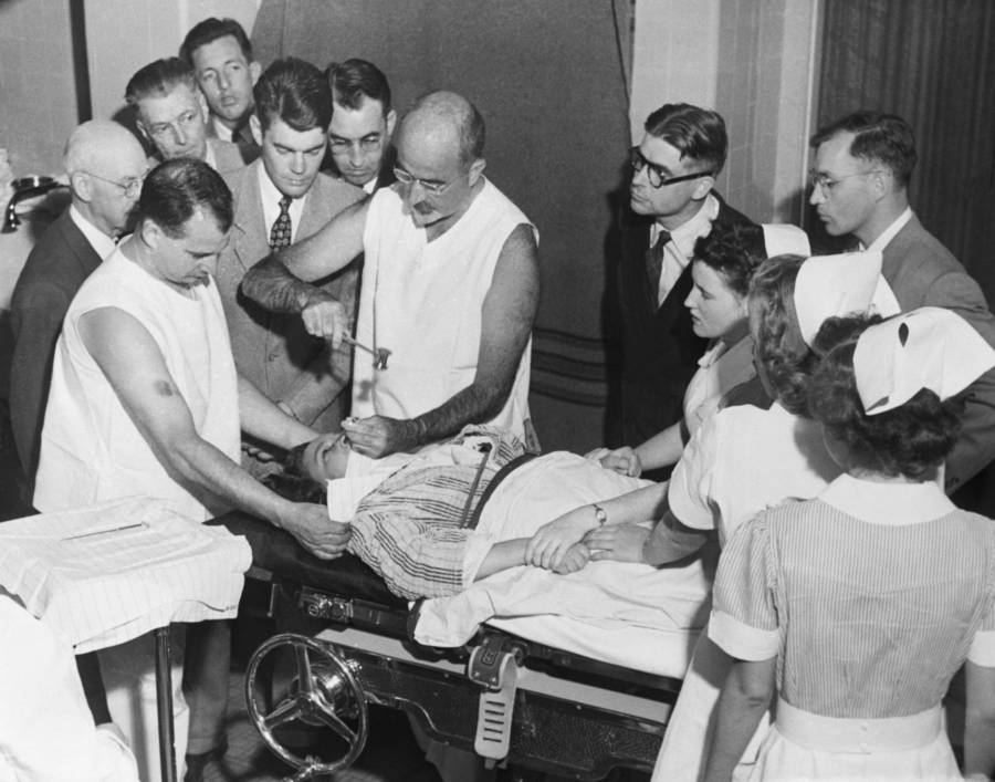 Pioneering and prolific lobotomist Dr. Walter Freeman performs a lobotomy with an instrument similar to an ice pick at Western State Hospital in Lakewood, Washington on July 11, 1949. The procedure turned most ‘problem’ patients into zombies.