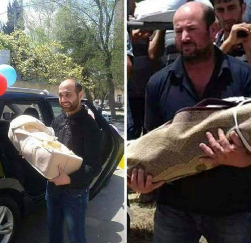 The day he brought her home the first time and the day he carried her coffin out after 18 monthes. Father of a toddler who was killed as a result of shelling in Azerbaijan.