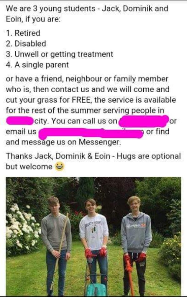 wholesome meme Teenagers that offered to cut people's grass for free.