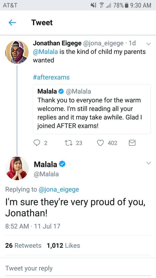 wholesome meme Someone tweets to Malala after exams and says she is the kind of child his parents want and she reassures him that his parents are very proud of him.