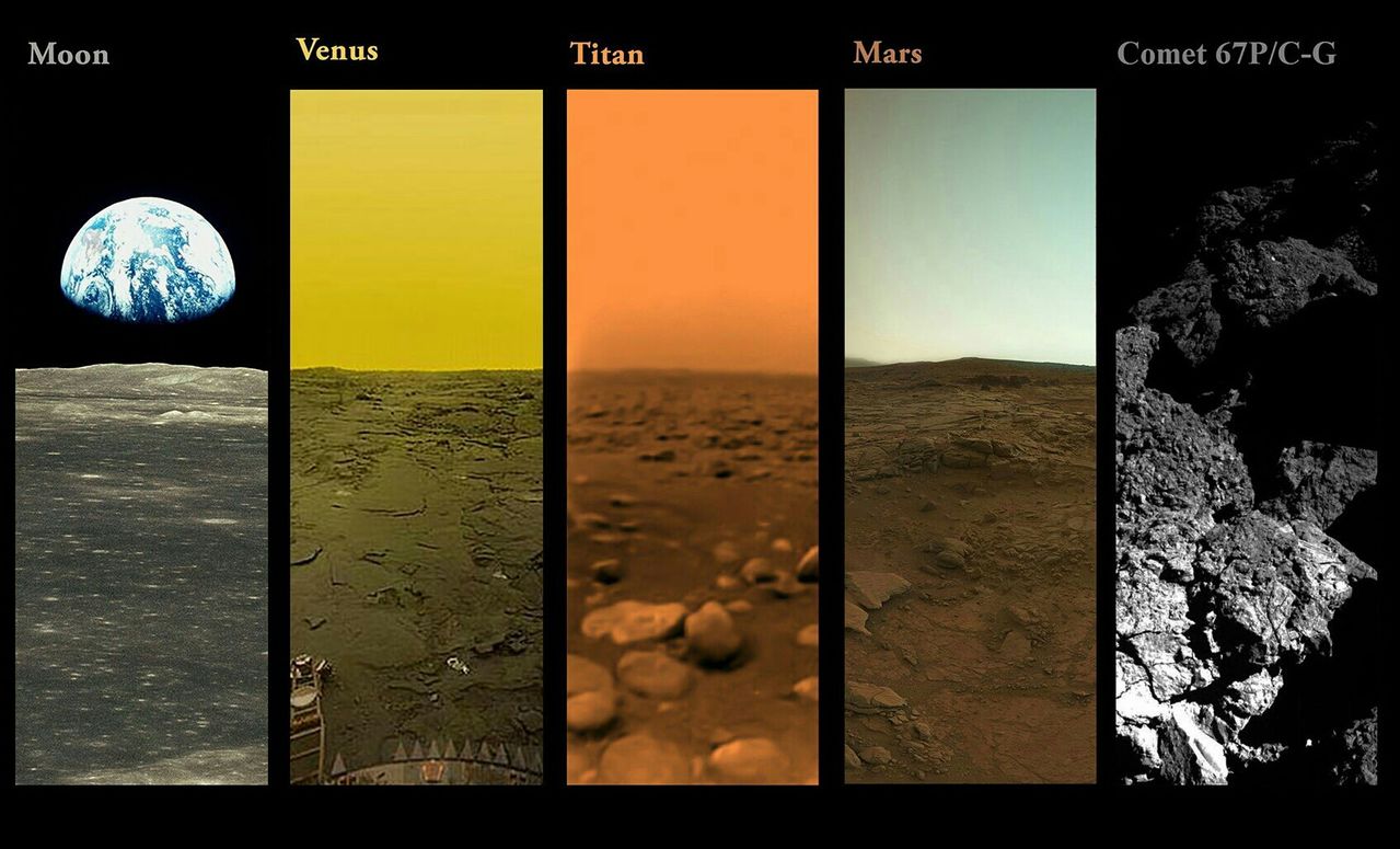 side by side pictures of all the celestial bodies human made probes have taken pictures of, including Moon, Venus, Mars, Titan and a Comet
