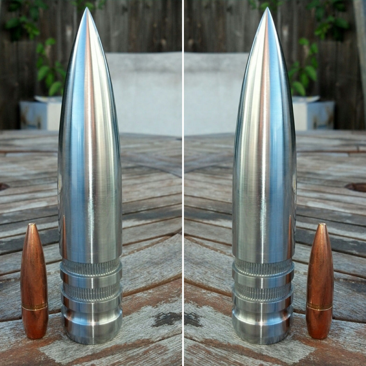 side by side comparrioson of a .50 caliber round and a 30mm round