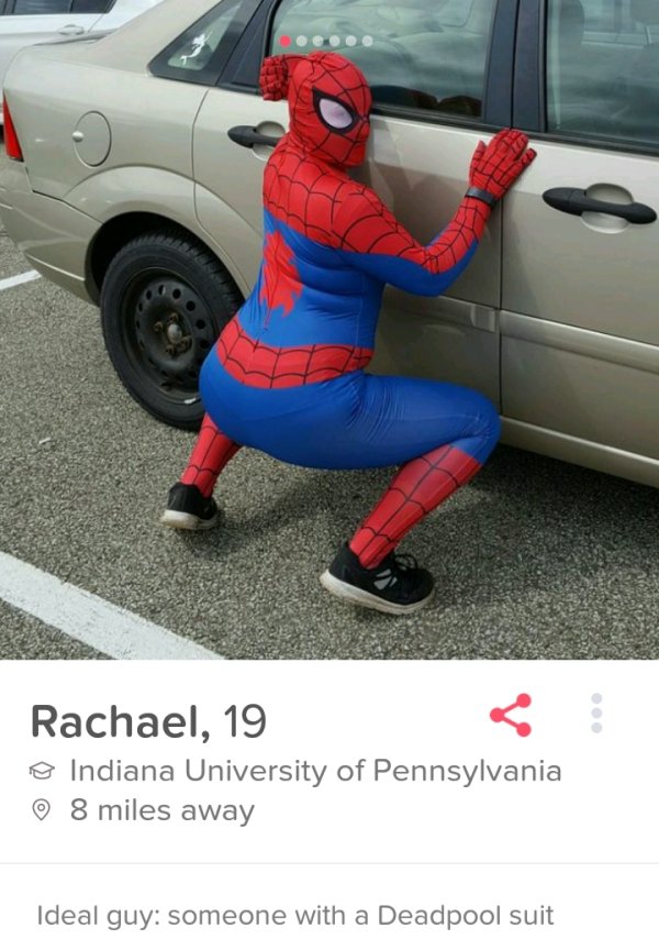 photo caption - Rachael, 19 o Indiana University of Pennsylvania 8 miles away Ideal guy someone with a Deadpool suit