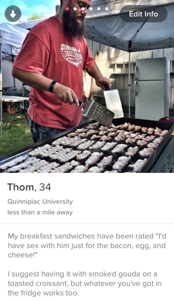 Edit Info Siar Spanged Shammee Thom, 34 Quinnipiac University less than a mile away My breakfast sandwiches have been rated "I'd have sex with him just for the bacon, egg, and cheese!" I suggest having it with smoked gouda on a toasted croissant, but…
