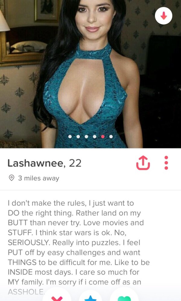 tinder boobs - Lashawnee, 22 3 miles away I don't make the rules, I just want to Do the right thing. Rather land on my Butt than never try. Love movies and Stuff. I think star wars is ok. No, Seriously. Really into puzzles. I feel Put off by easy challeng