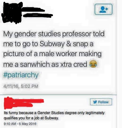 multimedia - My gender studies professor told me to go to Subway & snap a picture of a male worker making me a sanwhich as xtra cred 3 41116, Its funny because a Gender Studies degree only legitimately qualifies you for a job at Subway.