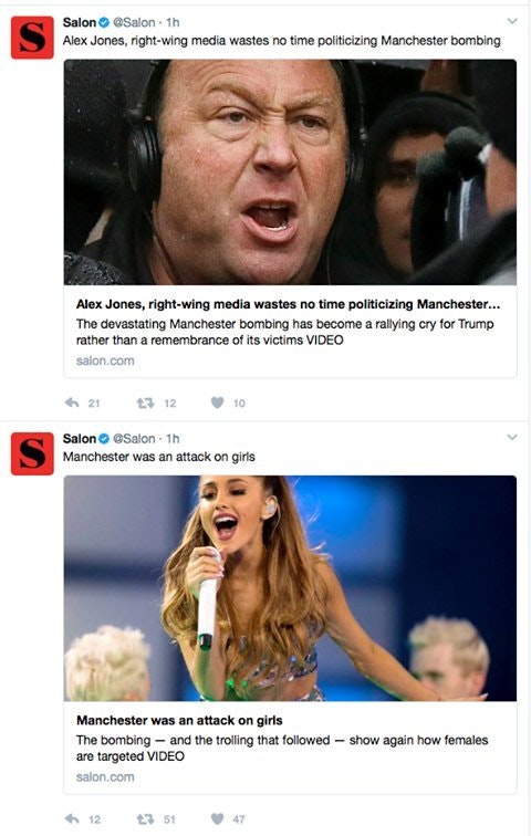 life comes at you fast - Salon . 1h Alex Jones, rightwing media wastes no time politicizing Manchester bombing Alex Jones, rightwing media wastes no time politicizing Manchester... The devastating Manchester bombing has become a rallying cry for Trump rat