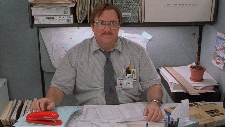The red stapler, Office Space (1999)
Mike Judge, director: “I wanted the stapler to stand out in the cubicle and the color scheme in the cubicles was sort of gray and blue-green, so I had them make it red. It was just a regular off-the-shelf Swingline stapler. They didn’t make them in red back then, so I had them paint it red and then put the Swingline logo on the side.
“Since Swingline didn’t make one back then, people were calling them trying to order red staplers. Then people started making red Swinglines and selling them on Ebay and making lots of money, so Swingline finally decided to start making red staplers.
“I have the burnt one from the last scene. Stephen Root has one that was in his cubicle. There were three total that we made. I don’t know where the third one is.”
