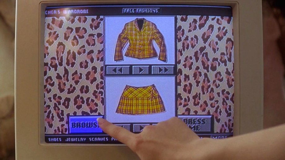 The closet computer, Clueless (1995)
Amy Heckerling, director: “Each day they go through outfits and they see what goes with what. It seemed like there’d be a lot of repetition and a big waste of time. Now I used to play with cutout dolls when I was a little kid, and I thought, ‘What if I had cutouts of all my clothes, little pictures, and I could figure it out that way?’ Then when computers came along, I thought you could computerize every garment you have — you could go through everything quickly. It was always something I thought would be a time-saver. I thought that before there were computers.
“[The computer] was something between the costume person, Mona May, and the prop guy had to make it feel like what it was. We photographed Alicia [Silverstone] so you could see the clothes coming on to her. A computer expert who came in [described] exactly how it would go, swirling and swiping with her hands, how the outfit would come on, that was created by the computer guy. The designs are not realistic. When I wrote it, before we shot it, early ’90s grunge was a big thing and it was an anti-fashion moment. Then big designers started cashing in on it. Suddenly you have an expensive plaid outfits. In Seattle they wear plaid as a practical, keep-warm, don’t-care-about-what-you’re-wearing feel.”