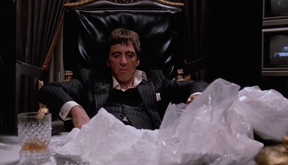 The cocaine pile, Scarface (1983)
Oliver Stone, writer (in The Making of ‘Scarface,’ 1998): “I thought that Al always reminded me of Humphrey Bogart with that narrow face and those nervous eyes of his. I thought it’d be a great finale for him to be buried in a mound of gold dust or cocaine. Just crash into it.”
Brian De Palma, director (in The Making of ‘Scarface,’ 1998): “I don’t know what Al was snorting to tell you the truth. I do remember we tried out baby milk, which is dried milk, but there was nothing easy to snort because it would get in your nose and he’d be blowing his nose all the time. But I never snorted it, so I can’t really attest to what it was.”
Al Pacino, actor (Tony Montana) (in The Making of ‘Scarface,’ 1998): “I don’t really like to give away that secret because it takes away from somebody’s belief. You have to have a secret. That’s part of what we do.”