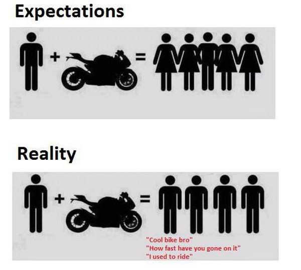 memes - motorcycle expectation vs reality - Expectations Reality "Cool bike bra" "How fast have you gone on it" "I used to ride"