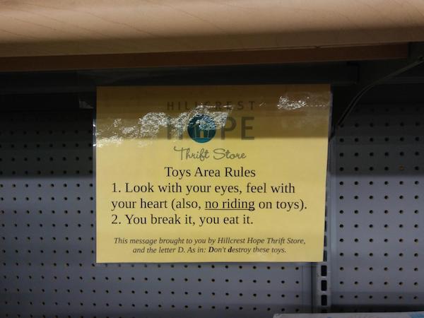 Thrift Store Toys Area Rules 1. Look with your eyes, feel with your heart also, no riding on toys. 2. You break it, you eat it. This message brought to you by Hillcrest Hope Thrift Store, and the letter D. As in Don't destroy these toys.