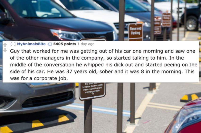 car - seved MyAnimalsBite 5405 points 1 day ago Guy that worked for me was getting out of his car one morning and saw one of the other managers in the company, so started talking to him. In the middle of the conversation he whipped his dick out and starte