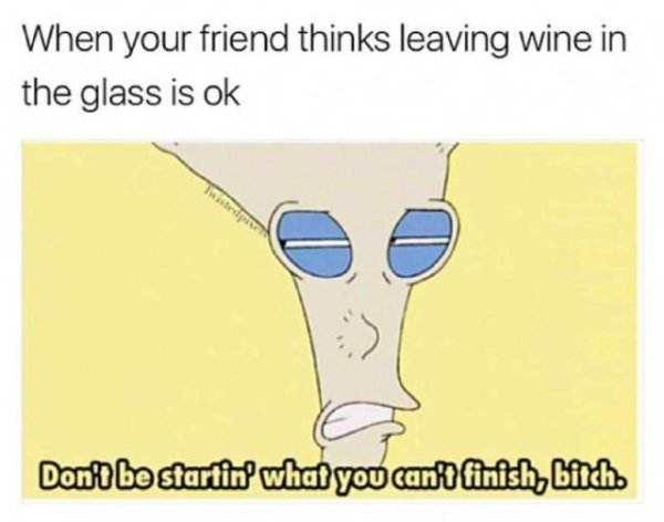 cartoon - When your friend thinks leaving wine in the glass is ok Dont be startin! what you can't finish, bitch