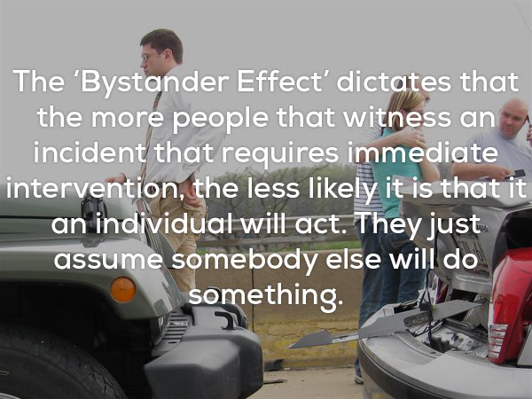 Meme about Bystander Effect in which people won't help someone when there are many other people who can help.