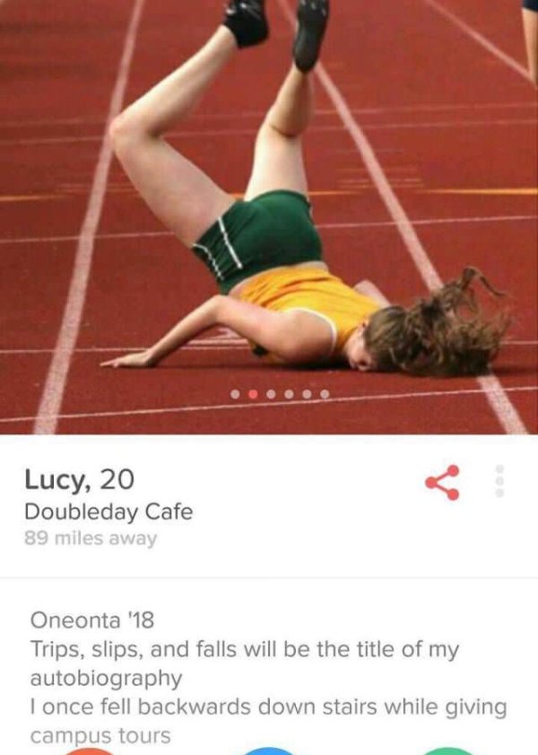 funny high jump jokes - Lucy, 20 Doubleday Cafe 89 miles away Oneonta '18 Trips, slips, and falls will be the title of my autobiography I once fell backwards down stairs while giving campus tours