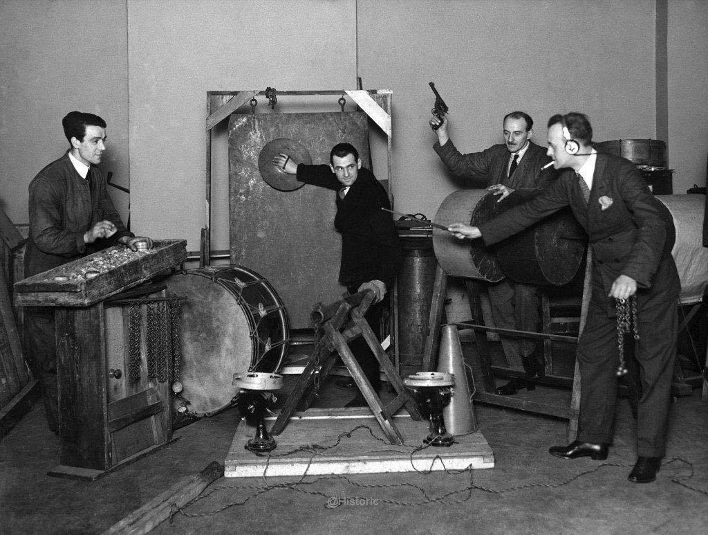 BBC sound effects workers making effects for a program in studio 1927
