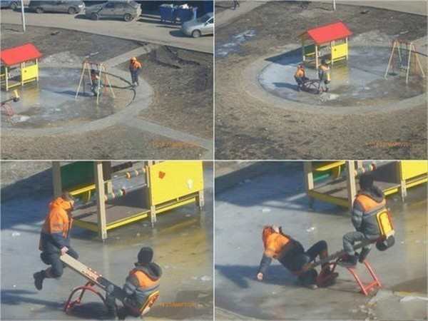 Funny pic of construction workers having fun on the seesaw in the playground.
